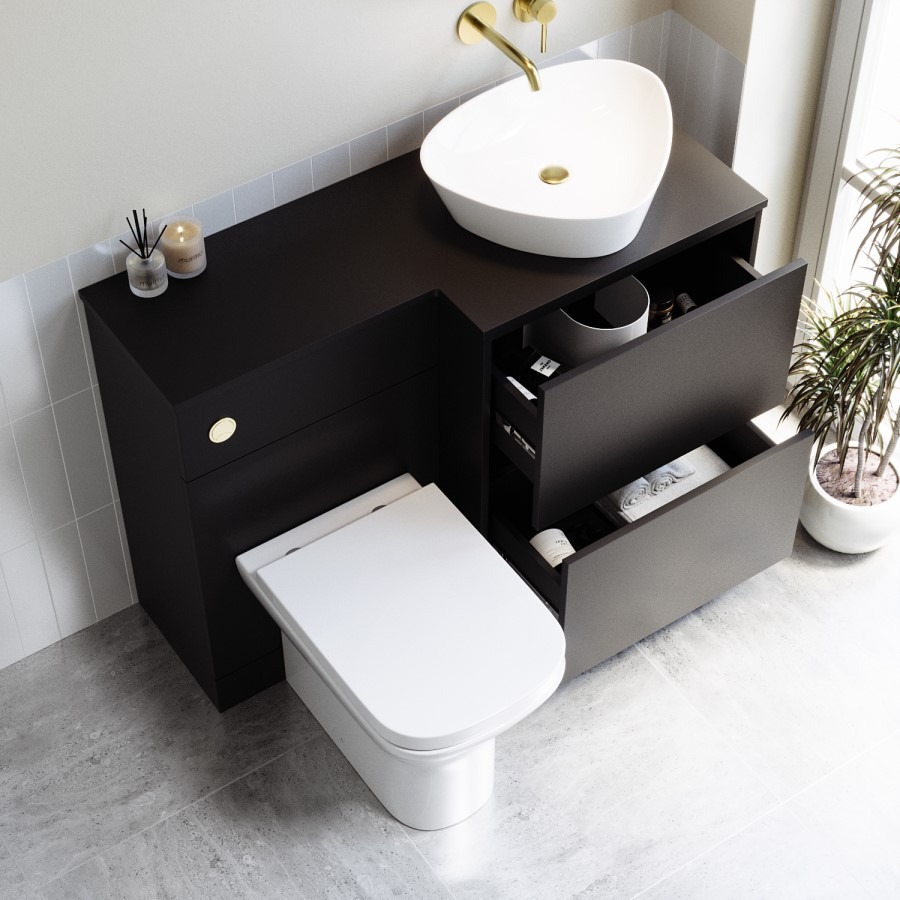 1100mm Black Right Hand Toilet and Sink Unit with Triangular Countertop Basin and Brass Fittings - Palma - Image 2