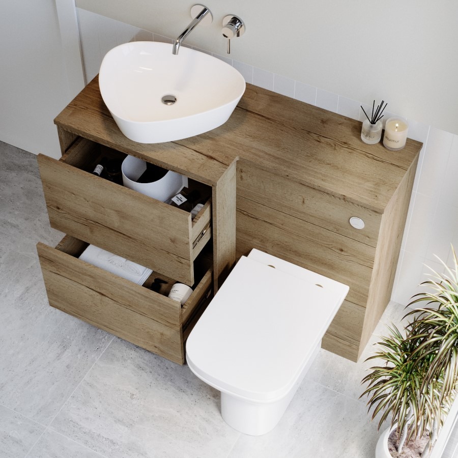 1100mm Wood Effect Left Hand Toilet and Sink Unit with Triangular Basin and Chrome Push Button - Palma - Image 2