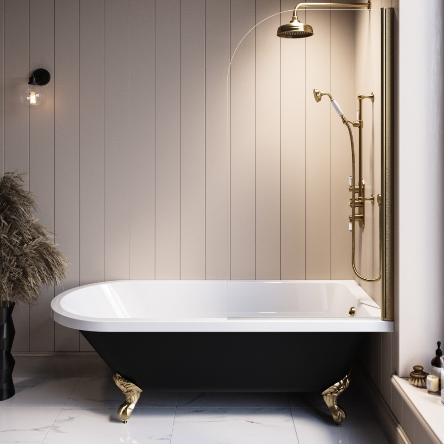 Black Freestanding Single Ended Shower Bath with Brushed Brass Screen & Feet 1670 x 740 mm - Park Royal - Image 2