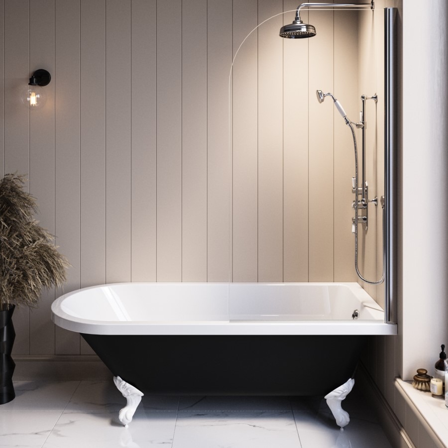 Black Freestanding Single Ended Shower Bath with Chrome Screen & White Feet 1670 x 740 mm - Park Royal - Image 2