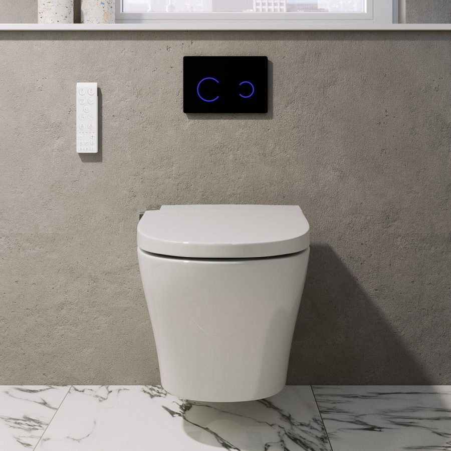 Wall Hung Smart Bidet Japanese Toilet with Heated Seat & 820mm Frame Cistern and Black Sensor Flush Plate - Purificare - Image 2