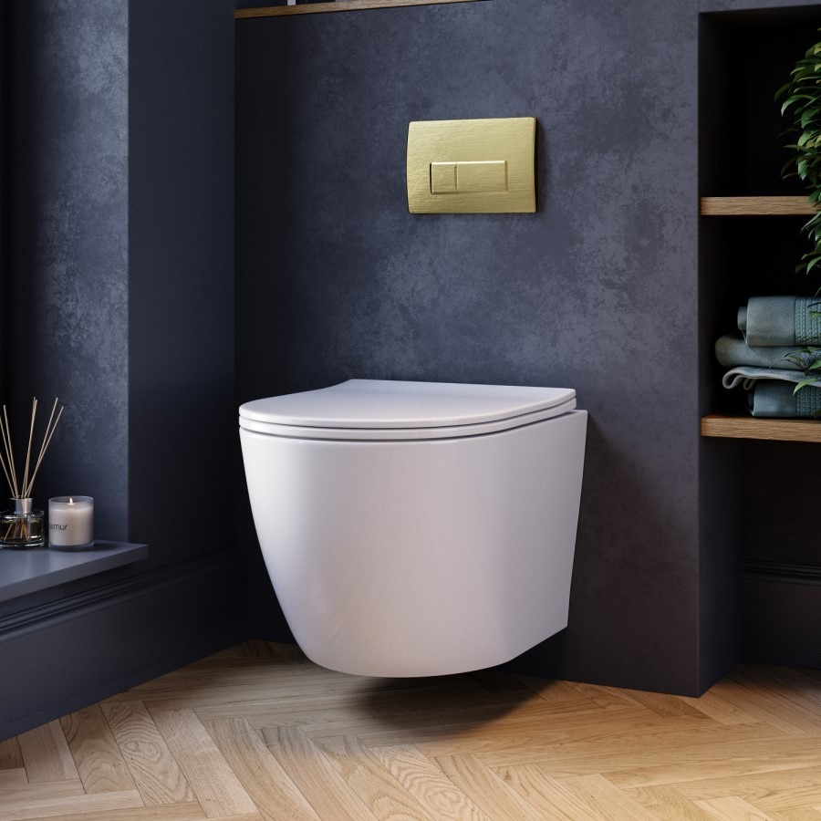 White Wall Hung Toilet with Soft Close Seat, Brushed Brass Pneumatic Flush Plate, 820mm Frame & Cistern - Roma - Image 2