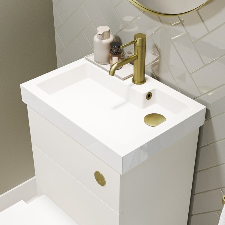 500mm White Cloakroom Toilet and Sink Unit with Square Toilet and Brushed Brass Fittings - Valetta - Image 2