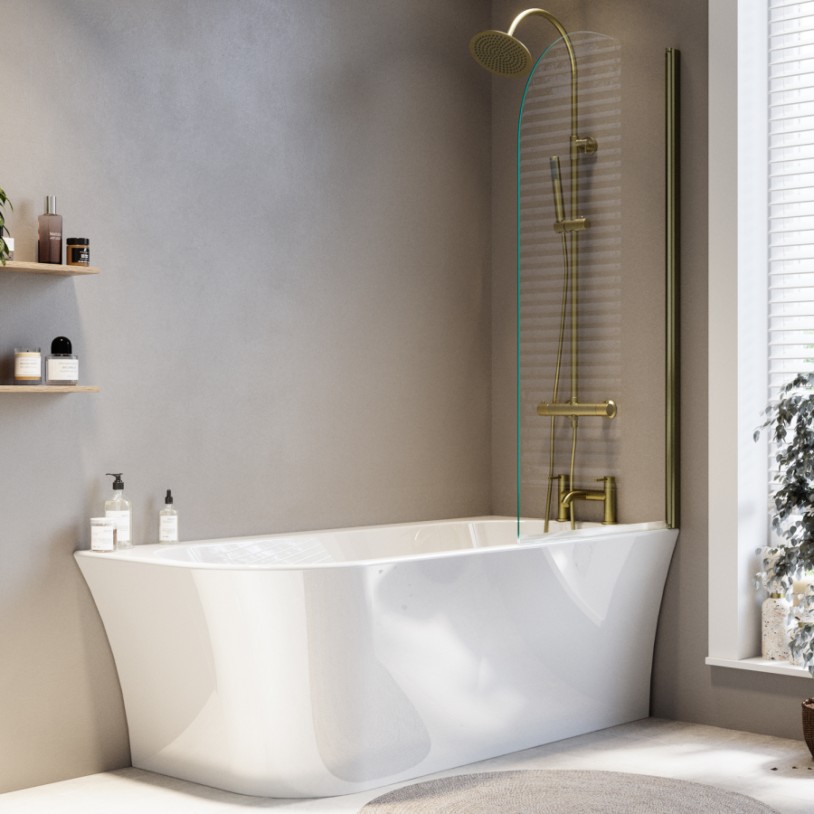 Freestanding Shower Bath Single Ended Right Hand Corner with Brushed Brass Bath Screen 1700 x 750mm - Vigo - Image 2