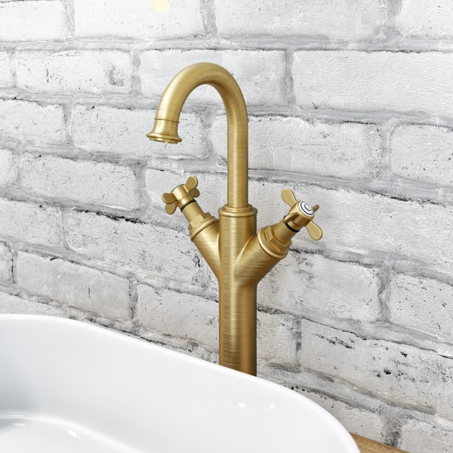 Brushed Brass Tall Crosshead Basin Mixer Tap - Camden - Image 2