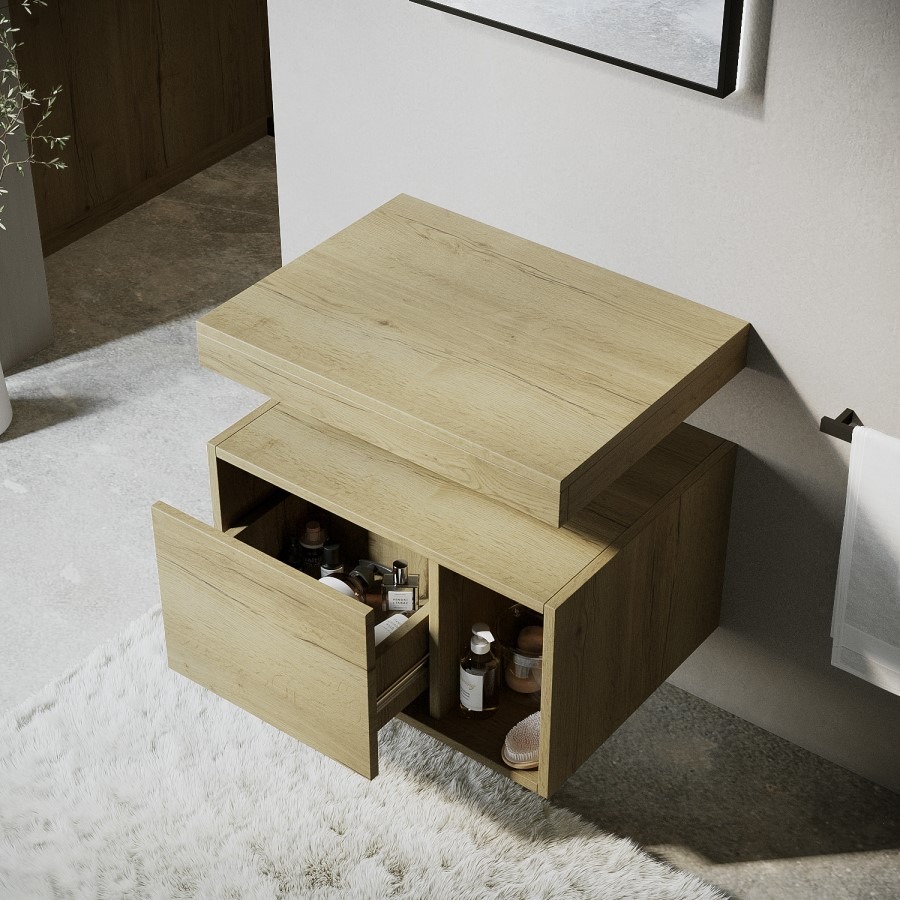 600mm Wood Effect Wall Hung Countertop Vanity Shelves - Porto - Image 2