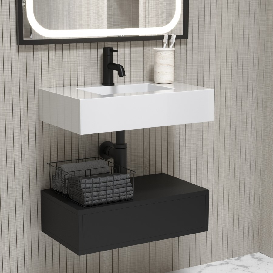 600mm Black Wall Hung Vanity Unit with Rectangular Basin - Oslo