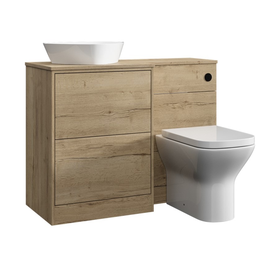 1100mm Wood Effect Left Hand Toilet and Sink Unit with Triangular Basin and Matt Black Push Button - Palma - Image 3