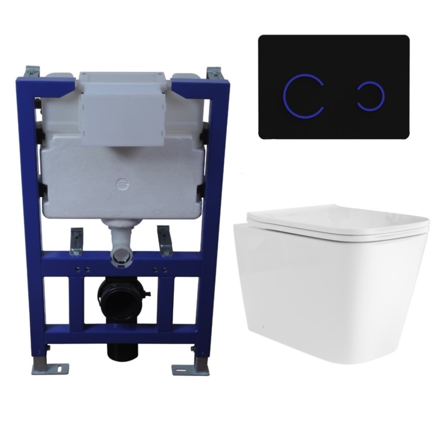 Albi Wall Hung Toilet 820mm Pneumatic Frame & Cistern & Black Glass Flush Plate - Image 3