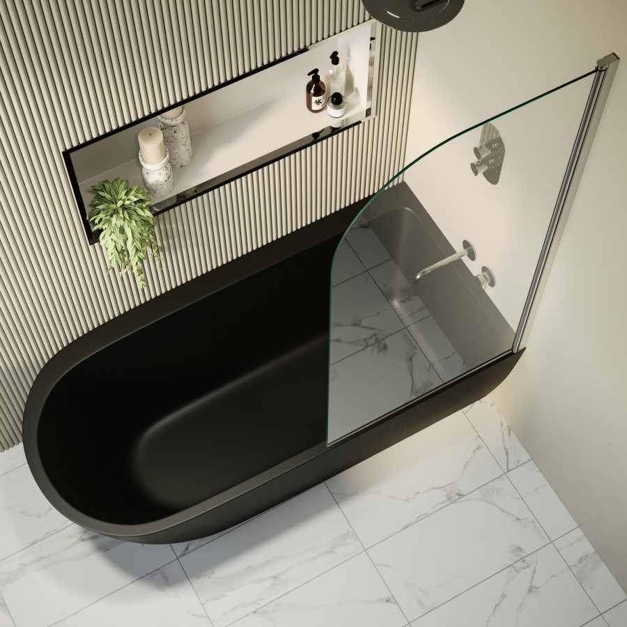 Matt Black Freestanding Shower Bath Single Ended Right Hand Corner with Chrome Bath Screen 1650 x 800mm - Amaro - Image 3
