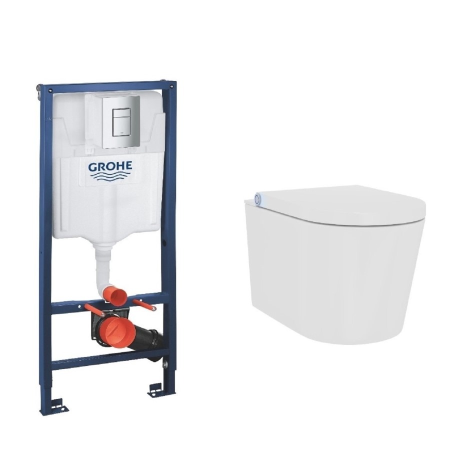 Wall Hung Smart Bidet Japanese Toilet & Grohe Frame Cistern and Chrome Flush Plate - Purificare - Image 3