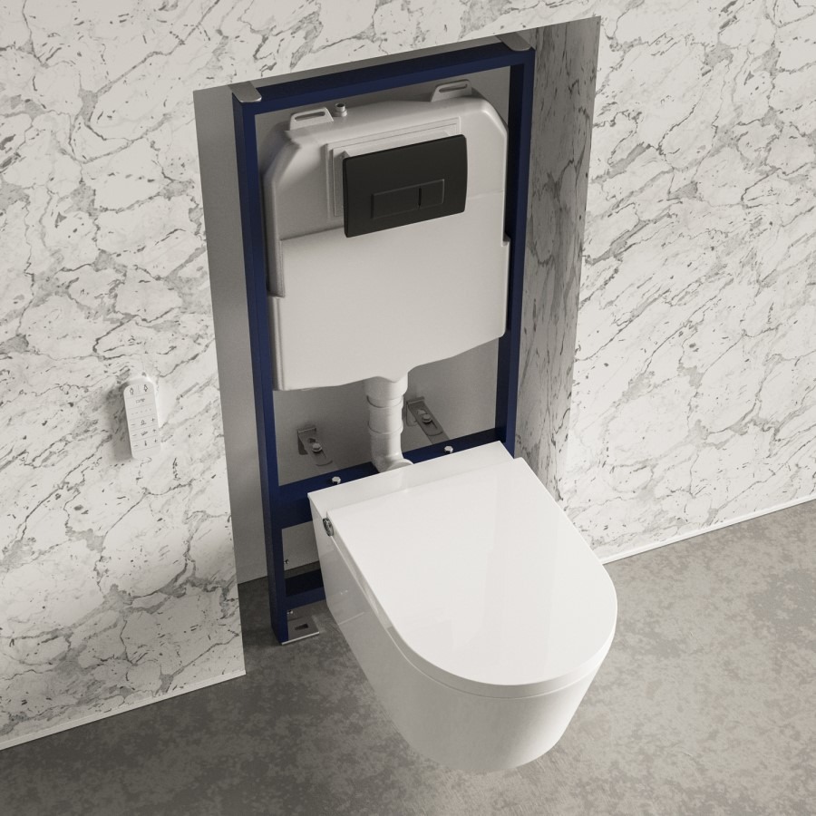 Wall Hung Smart Bidet Japanese Toilet & 1160mm Frame Cistern and Black Pneumatic Flush Plate - Purificare - Image 3