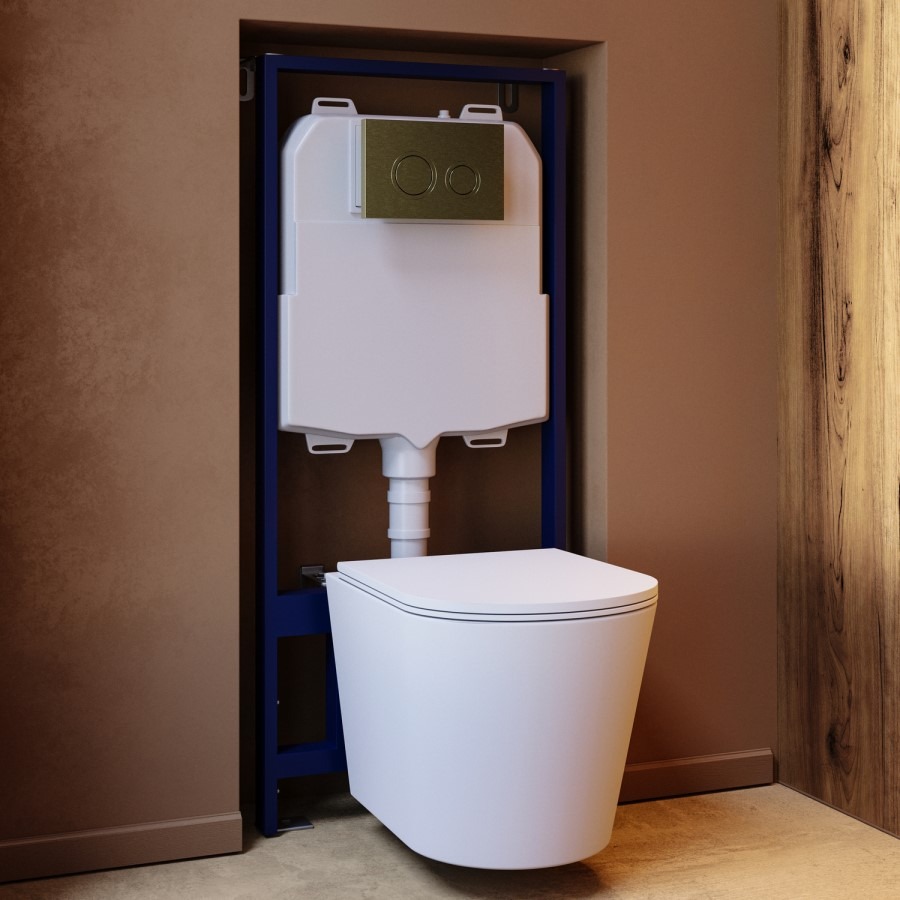White Wall Hung Rimless Toilet with Soft Close Seat Cistern Frame and Brushed Brass Flush - Verona - Image 3
