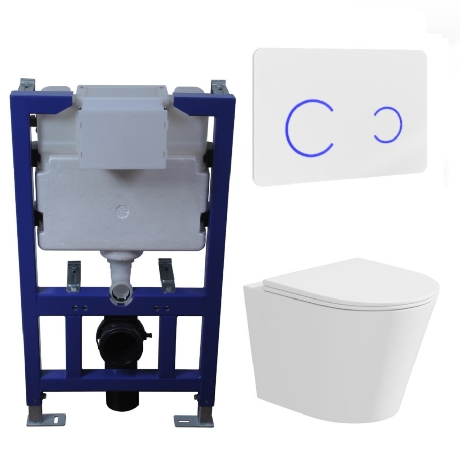Matt White Wall Hung Rimless Toilet with Soft Close Seat White Glass Sensor Pneumatic Flush Plate 820mm Frame & Cistern - Verona - Image 3