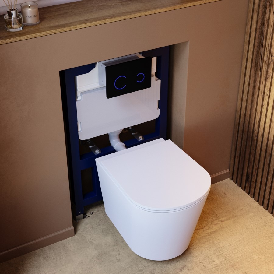 Matt White Wall Hung Rimless Toilet with Soft Close Seat Black Glass Sensor Pneumatic Flush Plate 820mm Frame & Cistern - Verona - Image 3