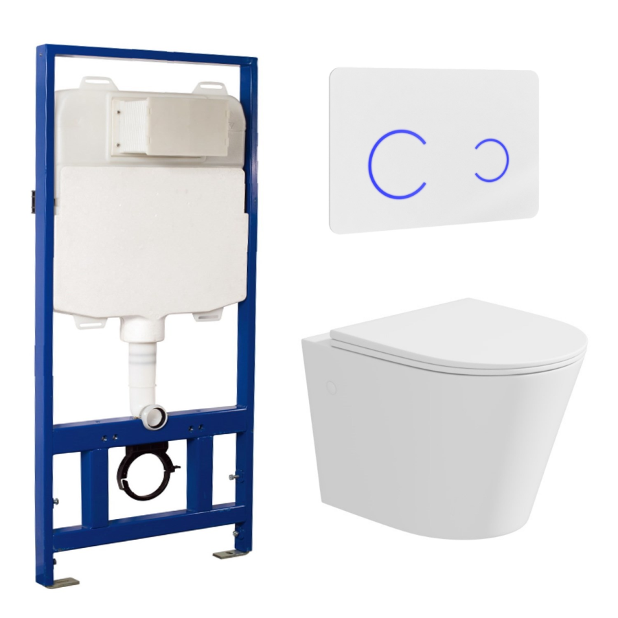 Matt White Wall Hung Rimless Toilet with Soft Close Seat White Glass Sensor Pneumatic Flush Plate 1170mm Frame & Cistern - Verona - Image 3