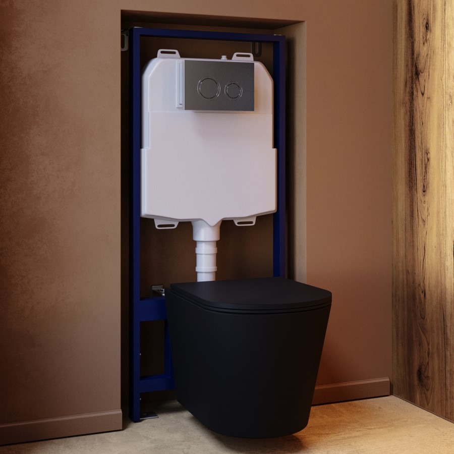 Matt Black Wall Hung Rimless Toilet with Soft Close Seat Cistern Frame and Chrome Flush - Verona - Image 3