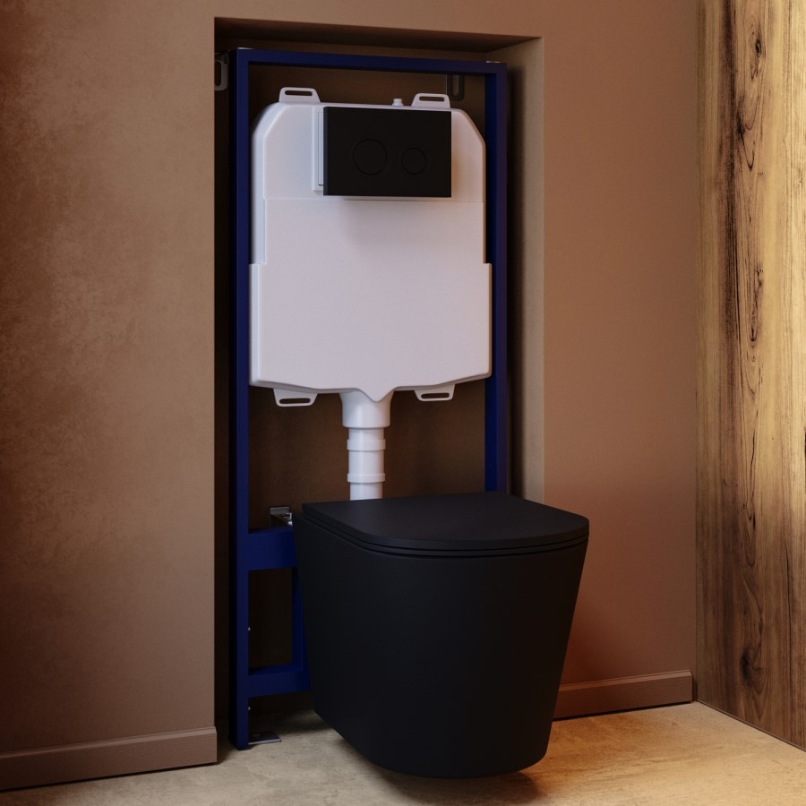Matt Black Wall Hung Rimless Toilet with Soft Close Seat Cistern Frame and Black Flush - Verona - Image 3