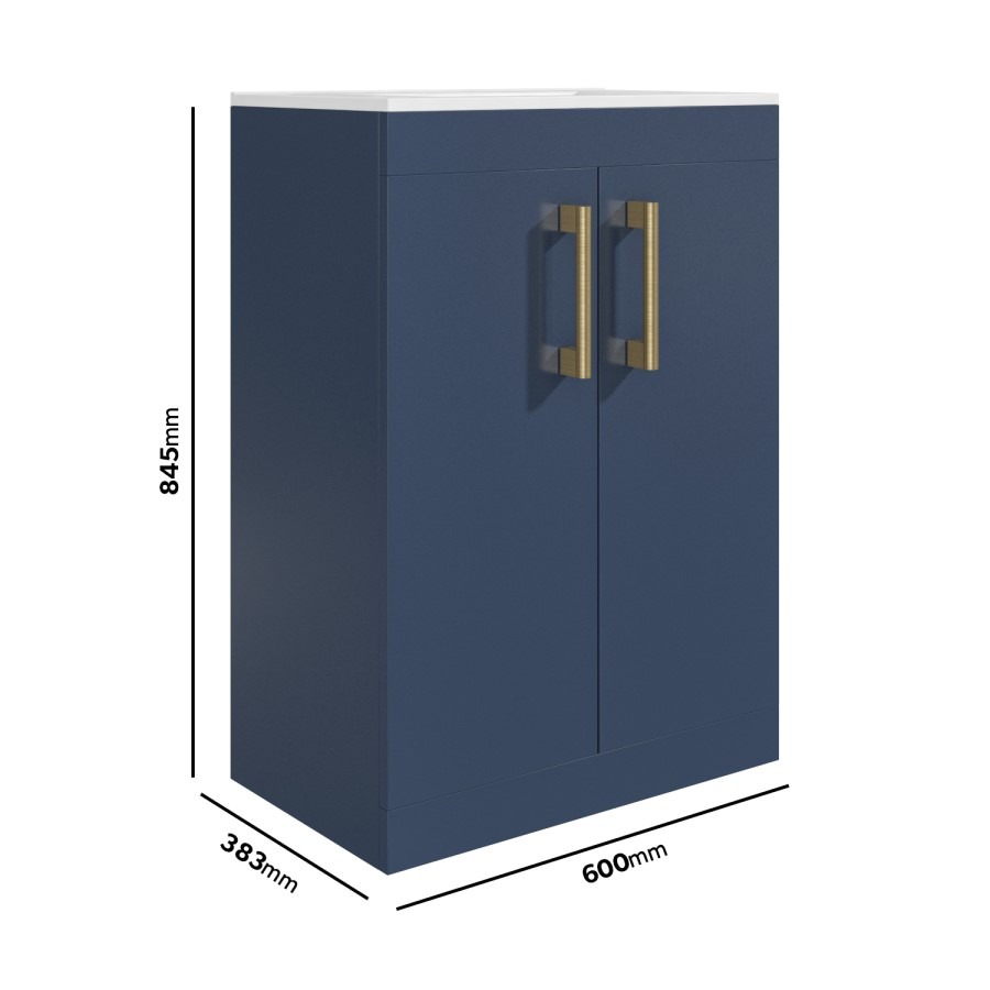 600mm Blue Freestanding Vanity Unit with Basin and Brass Handle - Ashford - Image 3