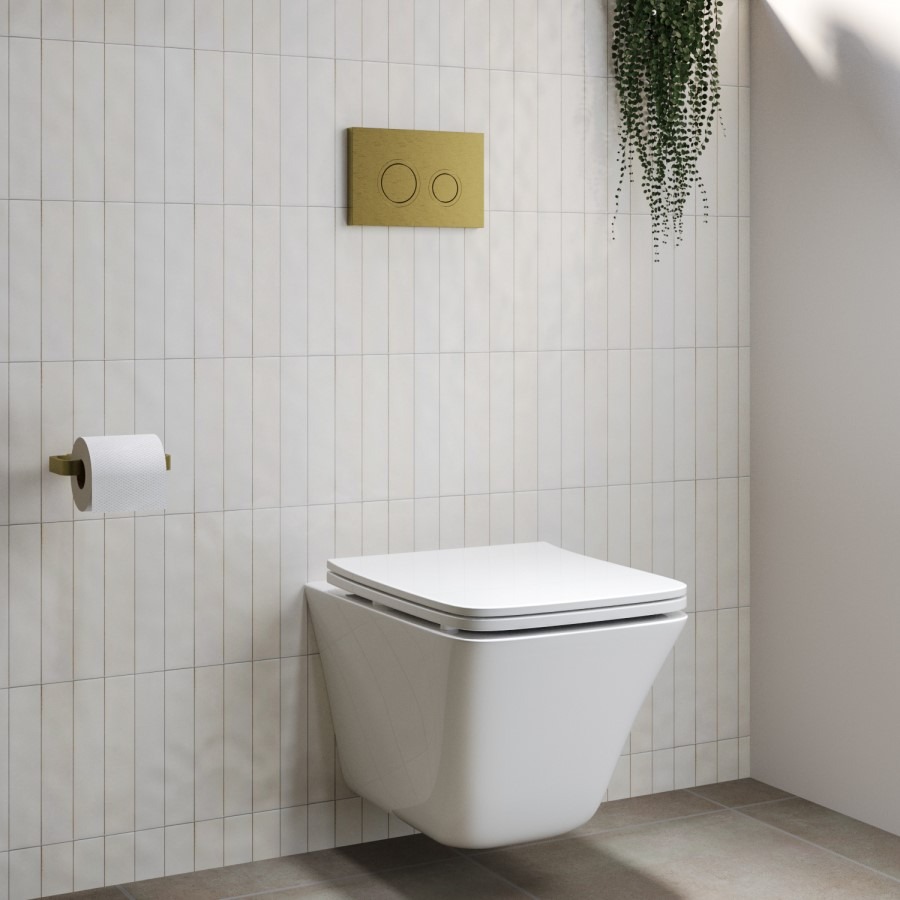 Wall Hung Rimless Toilet - Includes Cistern Wall Hung Frame Soft Close Seat and Brushed Brass Flush Plate - Boston - Image 3