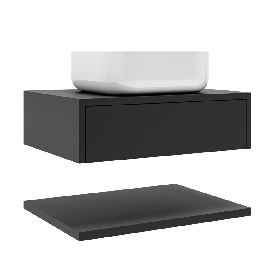 600mm Black Wall Hung Countertop Vanity Unit with White Square Basin and Shelf - Lugo - Image 3