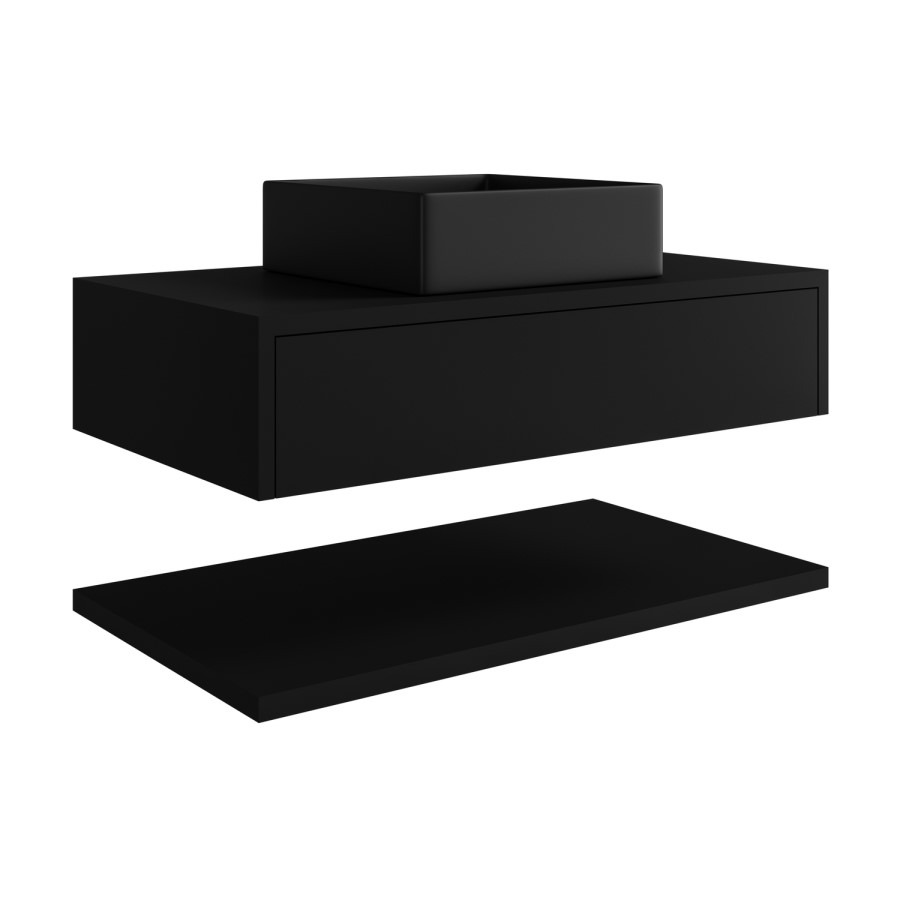 800mm Black Wall Hung Countertop Vanity Unit with Black Square Basin and Shelf - Lugo - Image 3