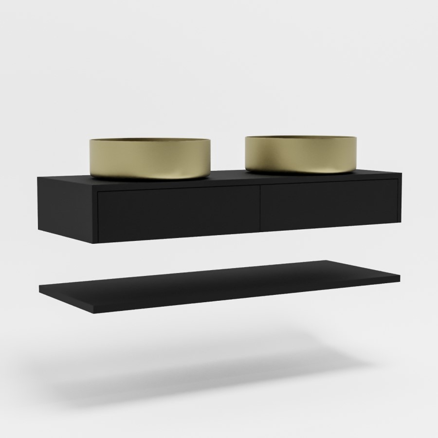 1200mm Black Wall Hung Countertop Double Vanity Unit with Brass Basins and Shelf - Lugo - Image 3