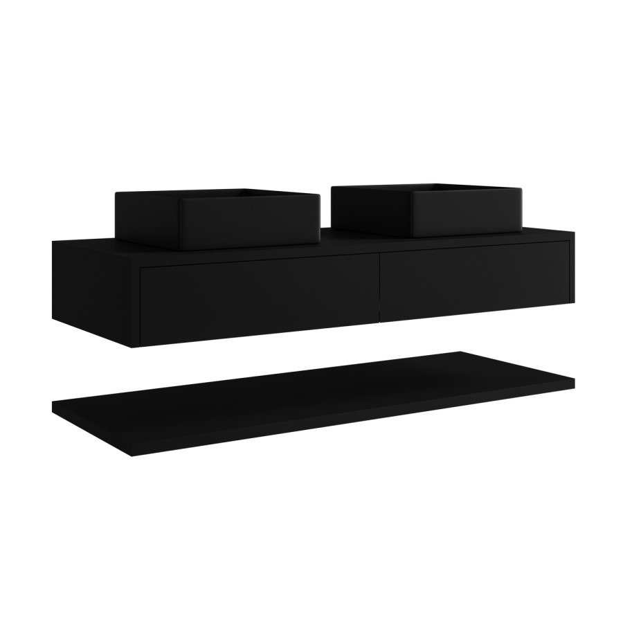 1200mm Black Wall Hung Countertop Double Vanity Unit with Black Square Basins and Shelf - Lugo - Image 3