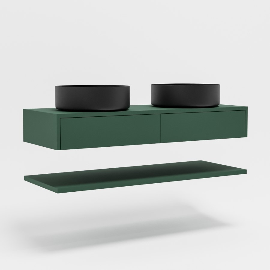 1200mm Green Wall Hung Countertop Double Vanity Unit with Black Basins and Shelf - Lugo - Image 3