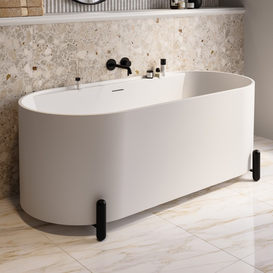 Matt White Freestanding Double Ended Bath with Ledge and Black Feet 1700 x 765mm - Clara - Image 3