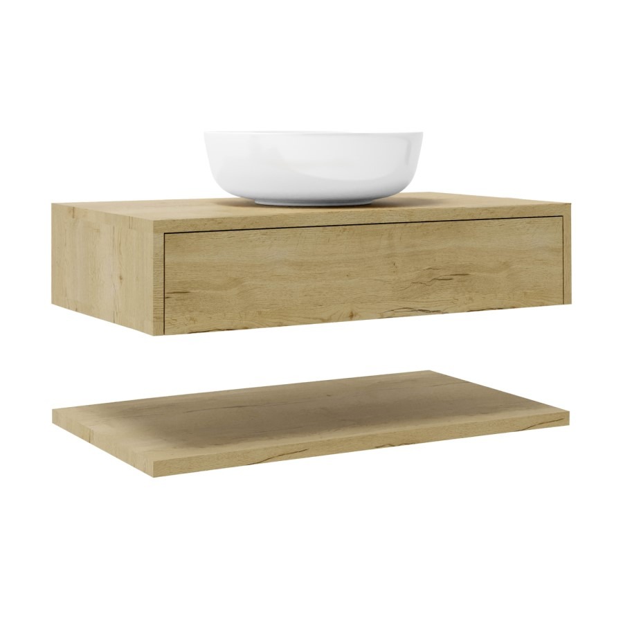 800mm Wood Effect Wall Hung Countertop Vanity Unit with Round Basin and Shelf - Lugo - Image 3
