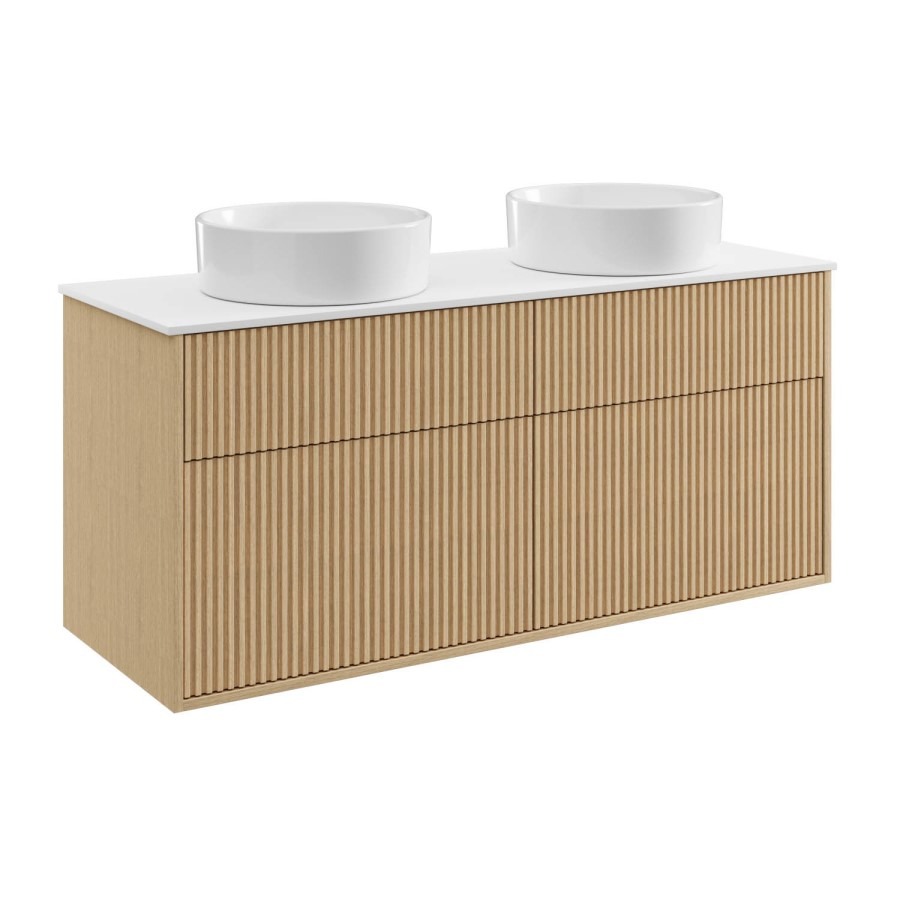 1250mm Wooden Fluted Wall Hung Double Countertop Vanity Unit with Round Basins - Matira - Image 3
