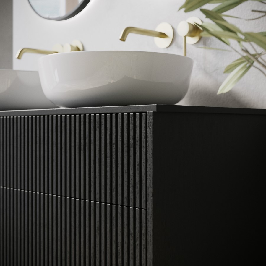 1250mm Black Wooden Fluted Wall Hung Countertop Double Vanity Unit with Round Basin - Matira - Image 3