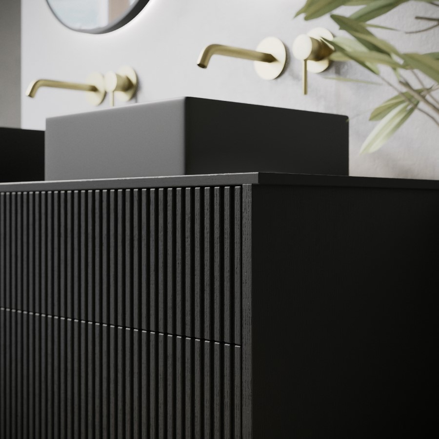 1250mm Black Wooden Fluted Wall Hung Countertop Double Vanity Unit with Black Square Basin - Matira - Image 3