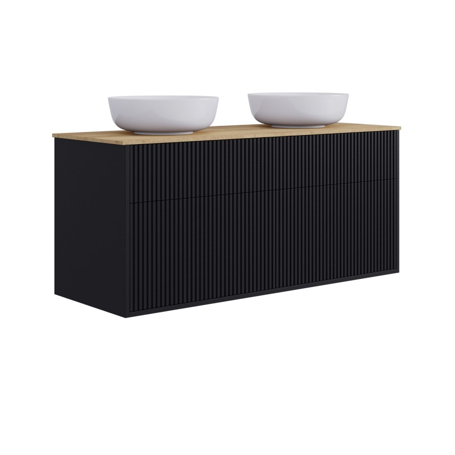 1250mm Black Wooden Fluted Wall Hung Countertop Double Vanity Unit with Wood Effect Worktop and Round Basin - Matira - Image 3