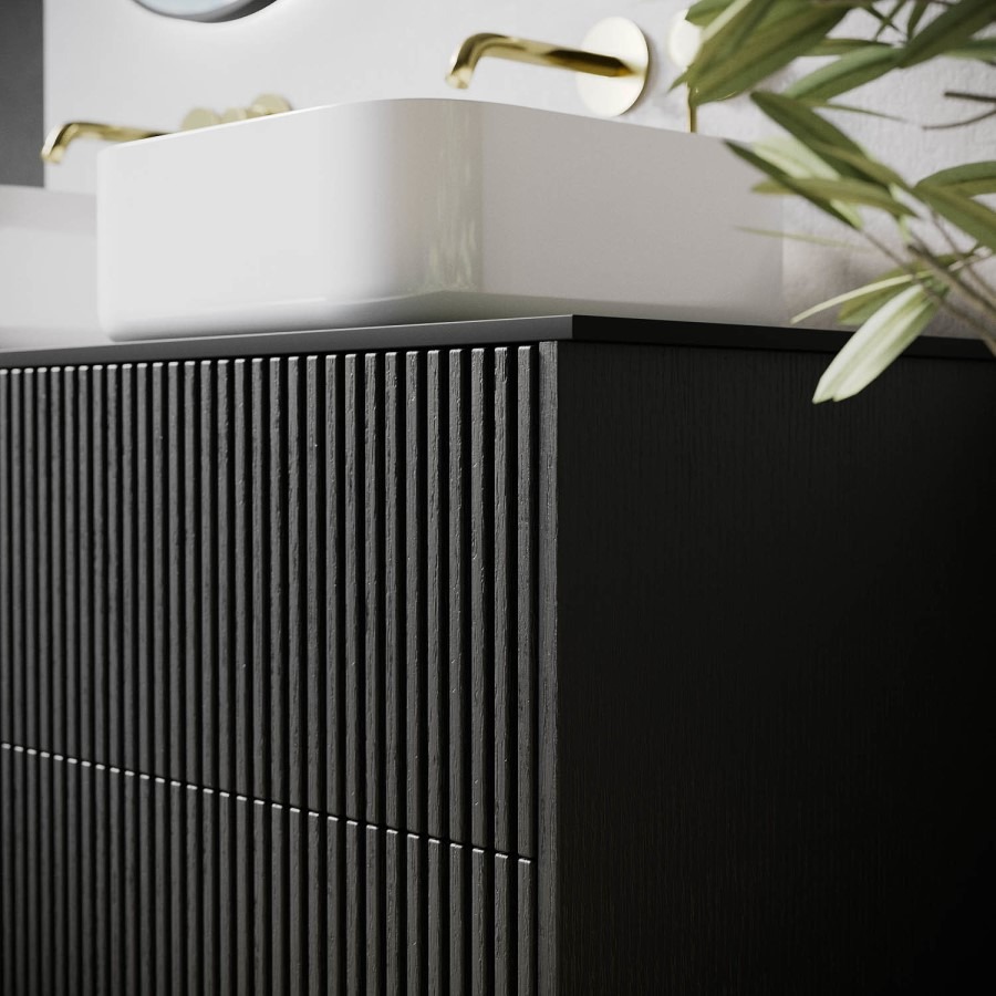 1250mm Black Wooden Freestanding Countertop Double Vanity Unit with Round Basin - Matira - Image 3