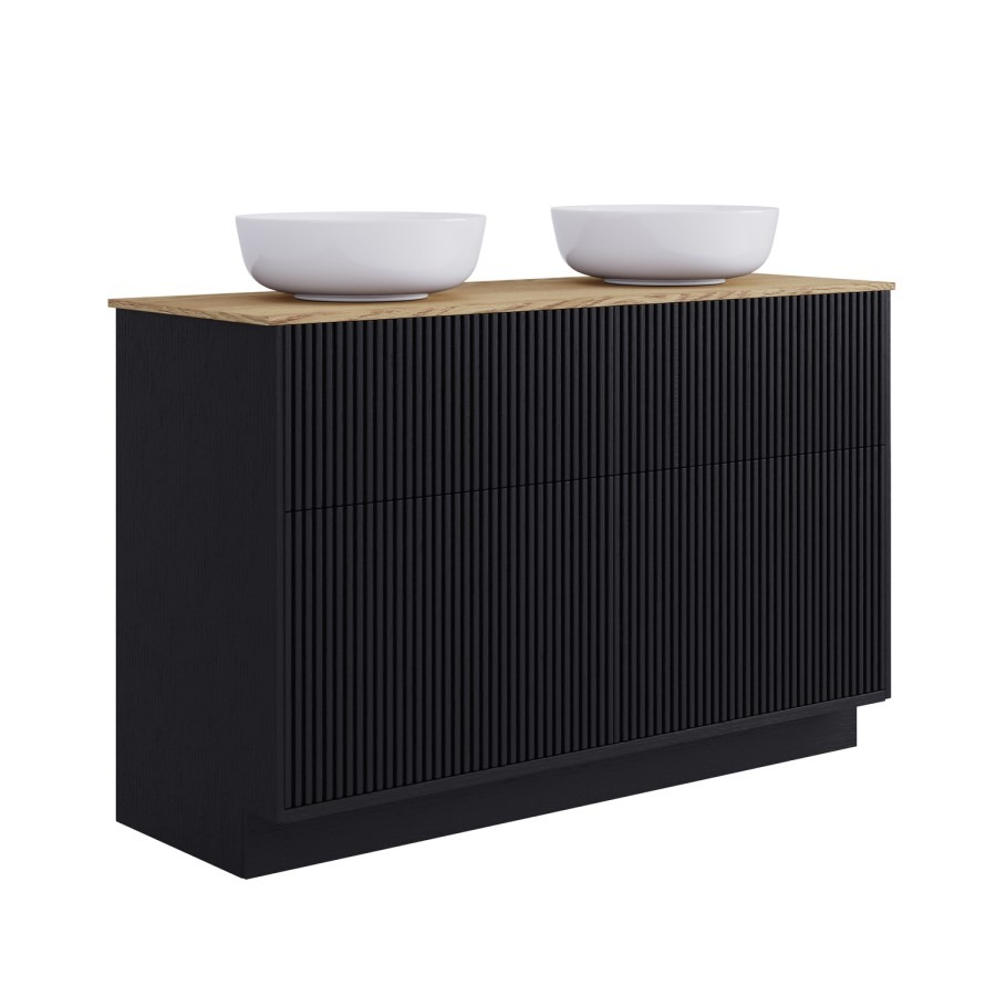 1250mm Black Wooden Freestanding Countertop Double Vanity Unit with Wood Effect Worktop and Round Basin - Matira - Image 3