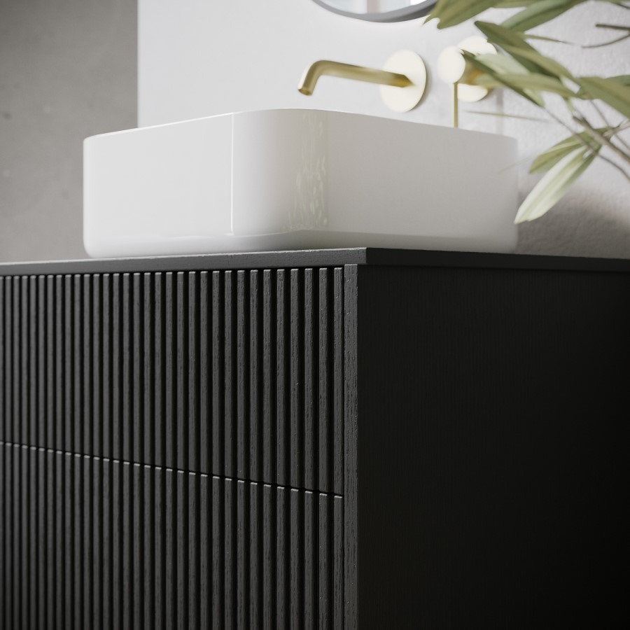 650mm Black Wooden Fluted Wall Hung Countertop Vanity Unit with Square Basin - Matira - Image 3