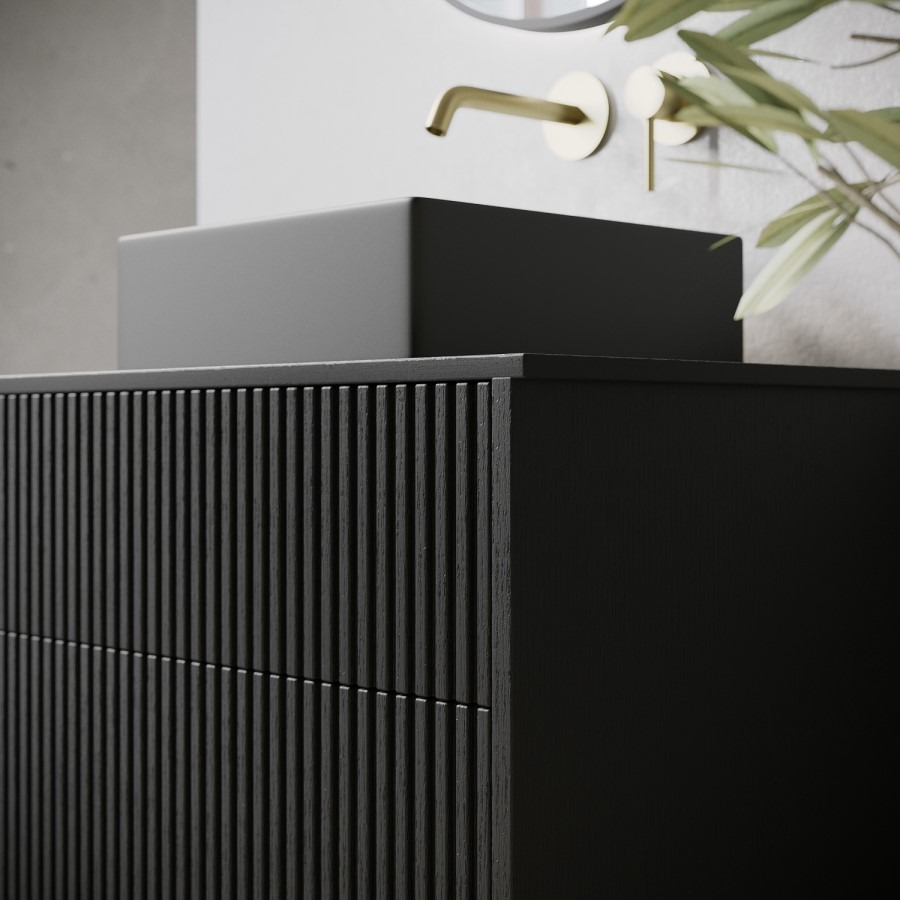 650mm Black Wooden Fluted Wall Hung Countertop Vanity Unit with Black Square Basin - Matira - Image 3