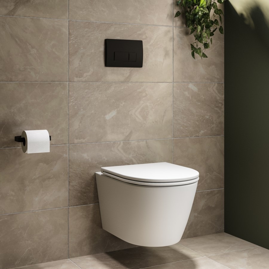 Matt White Wall Hung Rimless Toilet with Soft Close Seat, Matt Black Pneumatic Flush Plate, 1170mm Frame & Cistern - Newport - Image 3