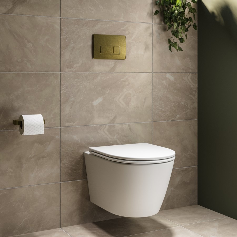 Matt White Wall Hung Rimless Toilet with Soft Close Seat, Brushed Brass Pneumatic Flush Plate, 1170mm Frame & Cistern - Newport - Image 3