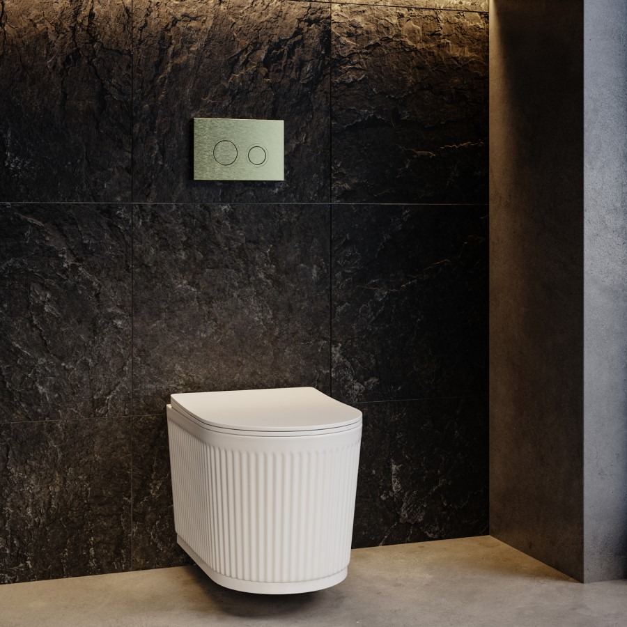 Fluted Wall Hung Toilet with Soft Close Seat, Brushed Brass Mechanical Flush Plate, 1160mm Frame & Cistern - Oregon - Image 3