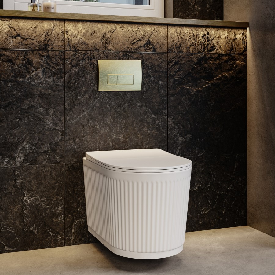 Fluted Wall Hung Toilet with Soft Close Seat, Brushed Brass Pneumatic Flush Plate, 820mm Frame & Cistern - Oregon - Image 3