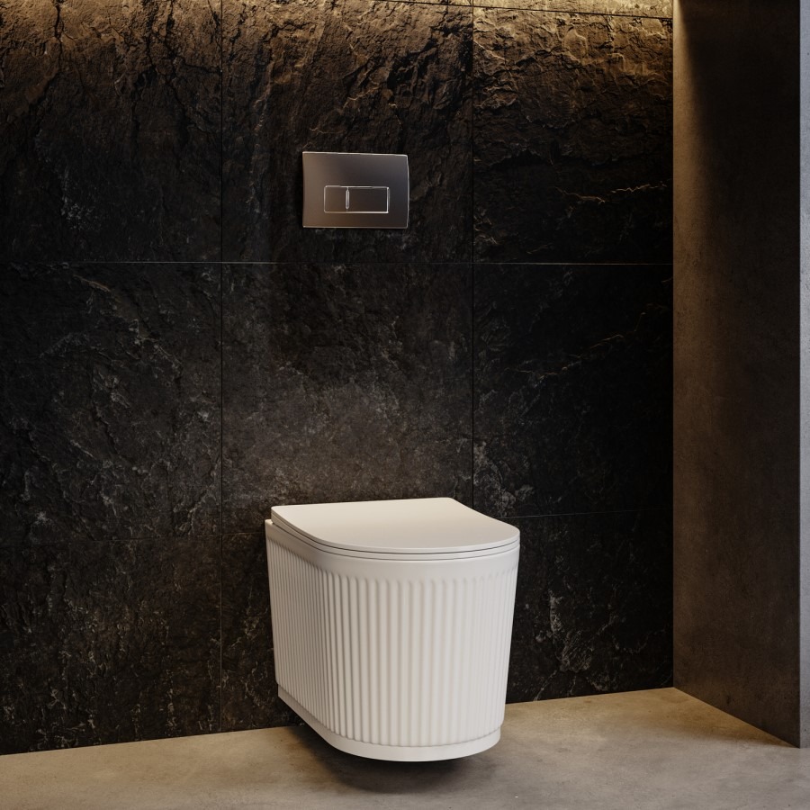 Fluted Wall Hung Toilet with Soft Close Seat, Chrome Pneumatic Flush Plate, 1160mm Frame & Cistern - Oregon - Image 3