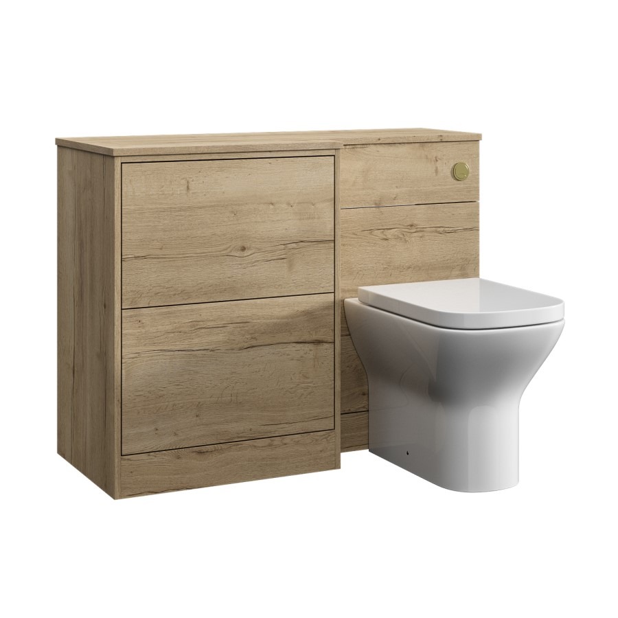 1100mm Wood Effect Left Hand Toilet and Sink Unit with Square Toilet and Brushed Brass Push Button- Palma - Image 3