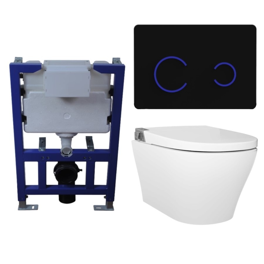 Wall Hung Smart Bidet Japanese Toilet with Heated Seat & 820mm Frame Cistern and Black Sensor Flush Plate - Purificare - Image 3
