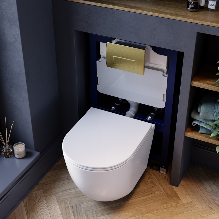 White Wall Hung Toilet with Soft Close Seat, Brushed Brass Pneumatic Flush Plate, 820mm Frame & Cistern - Roma - Image 3