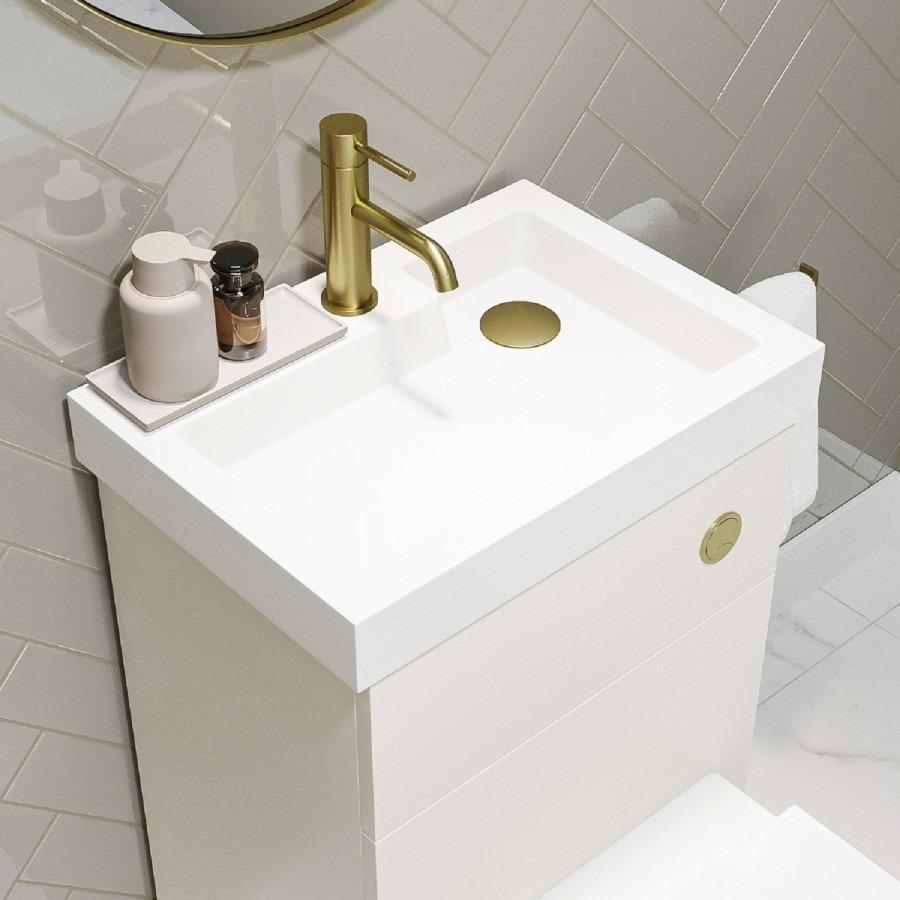 500mm White Cloakroom Toilet and Sink Unit with Square Toilet and Brushed Brass Fittings - Valetta - Image 3