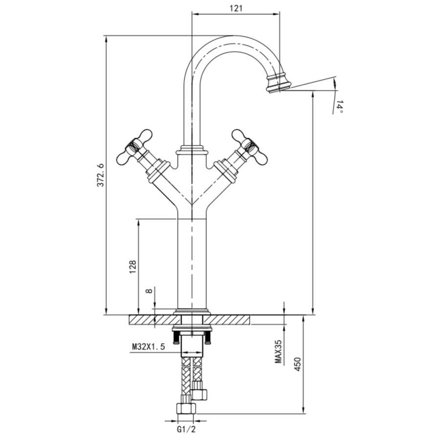 Brushed Brass Tall Crosshead Basin Mixer Tap - Camden - Image 3