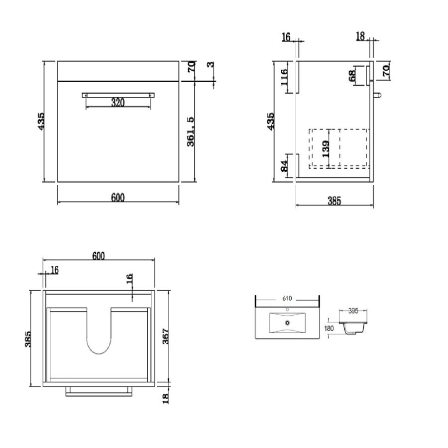 600mm Wood Effect Wall Hung Vanity Unit with Basin - Ashford - Image 4